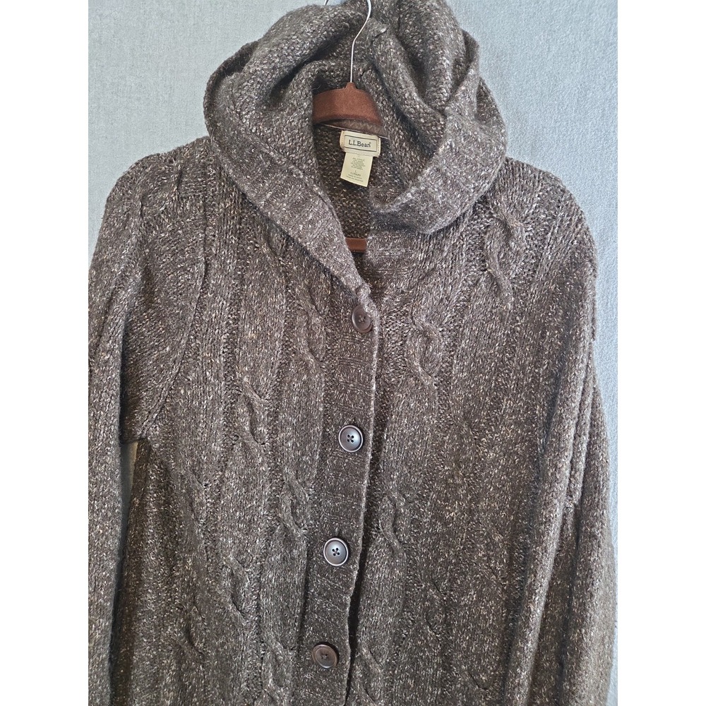 LL Bean Vintage Sweater L Wool Cable Knit Cardigan Hooded Brown Heather Long Y2K